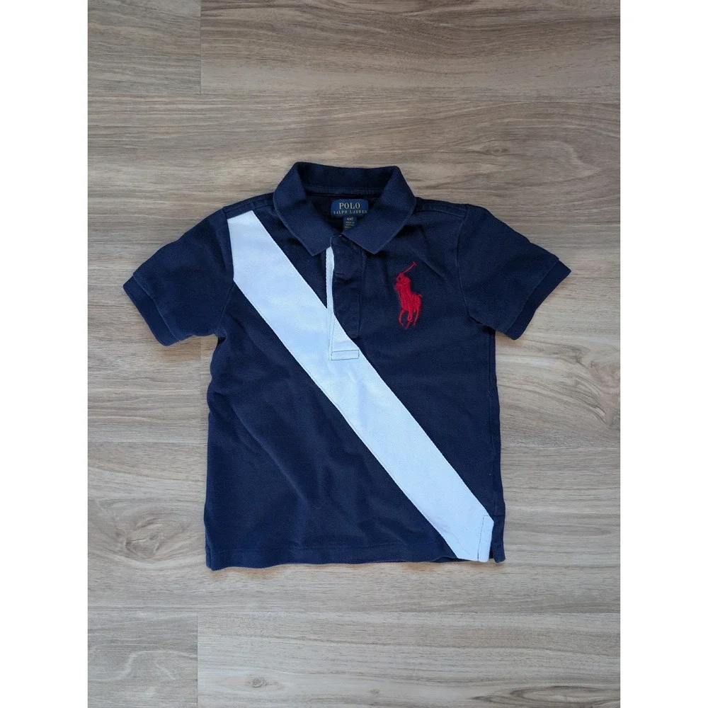 Polo Ralph Lauren Kids Blue Short Sleeve Polo Shirt Rugby Stripe Big Red Pony 4T